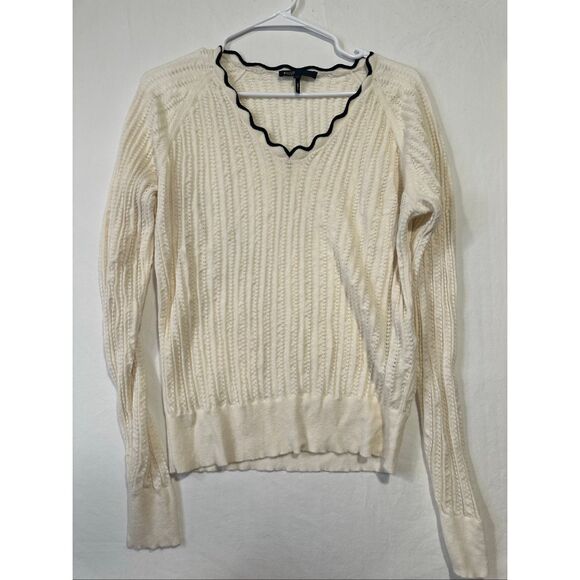 Maje Sweaters - Maje textured cream & black border wool blend sweater, size 3 (Large)